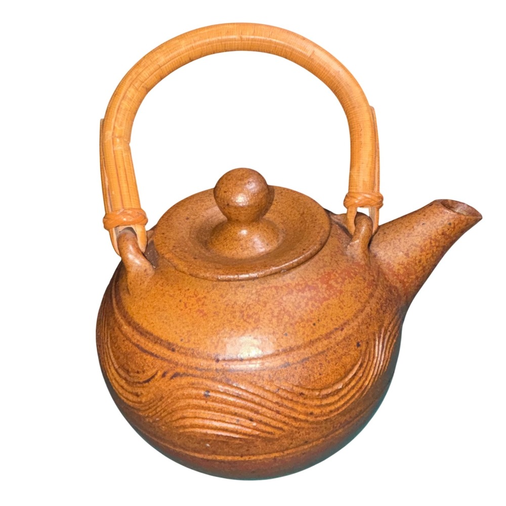 Vintage Studio Pottery Ceramic Teapot Signed Lorna Bentwood Bamboo Handle Earthy